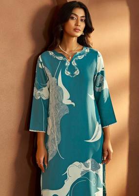 Turquoise blue viscose rayon printed straight co-ord set 4