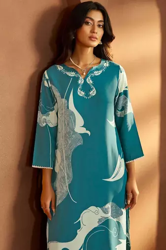 Turquoise blue viscose rayon printed straight co-ord set