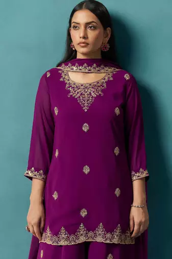 Wine georgette embroidered zari work ethnic kurta set with matching dupatta