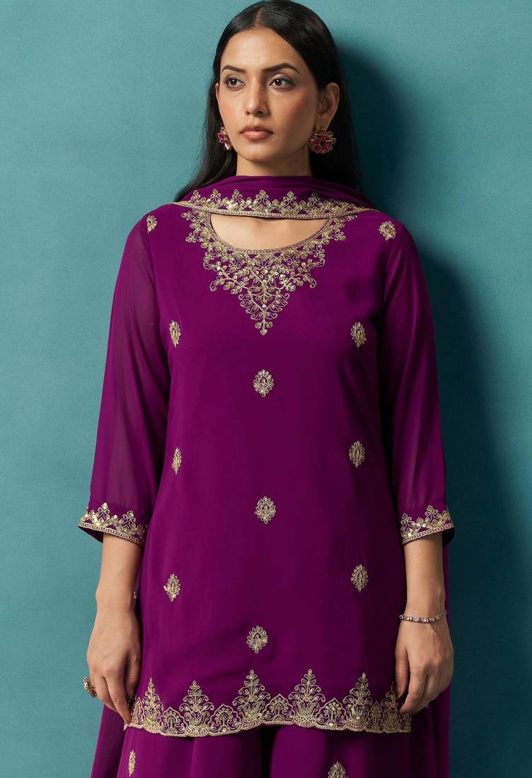 Wine georgette embroidered zari work ethnic kurta set with matching dupatta