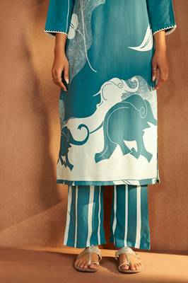 Turquoise blue viscose rayon printed straight co-ord set 5
