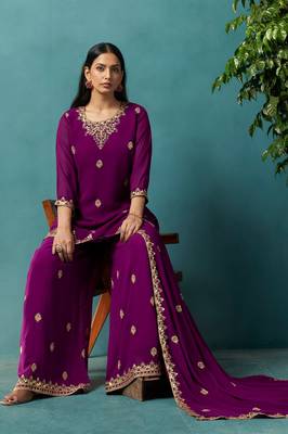 Wine georgette embroidered zari work ethnic kurta set with matching dupatta 3