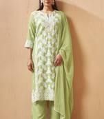 Green cotton blend embroidered thread work ethnic kurta set with matching dupatta