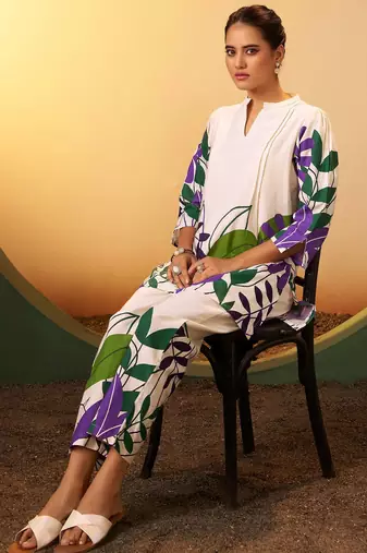 Off white pure cotton floral printed co-ord set for women