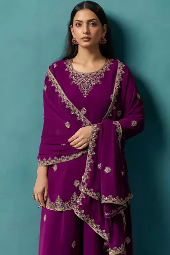 Wine georgette embroidered zari work ethnic kurta set with matching dupatta