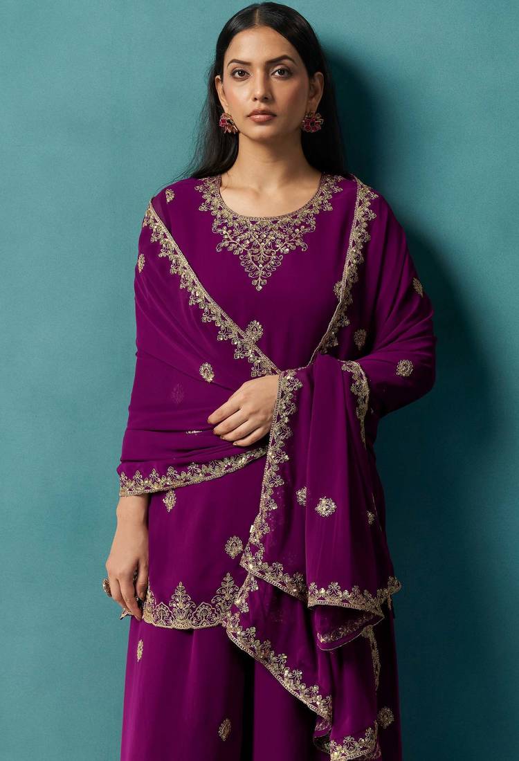 Wine georgette embroidered zari work ethnic kurta set with matching dupatta