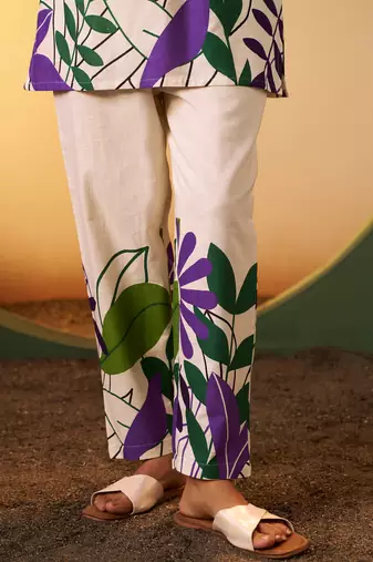 Off white pure cotton floral printed co-ord set for women