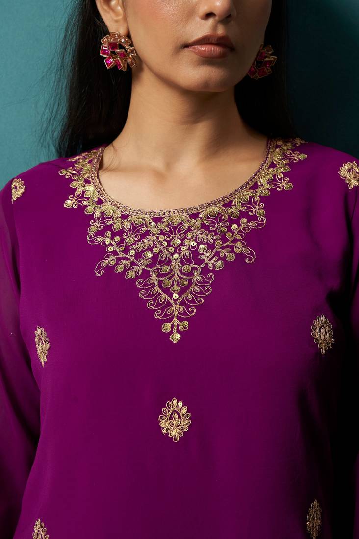 Wine georgette embroidered zari work ethnic kurta set with matching dupatta