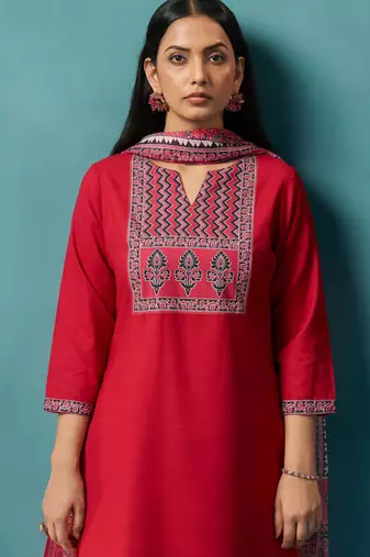 Red cotton blend geometric printed ethnic kurta set with matching dupatta