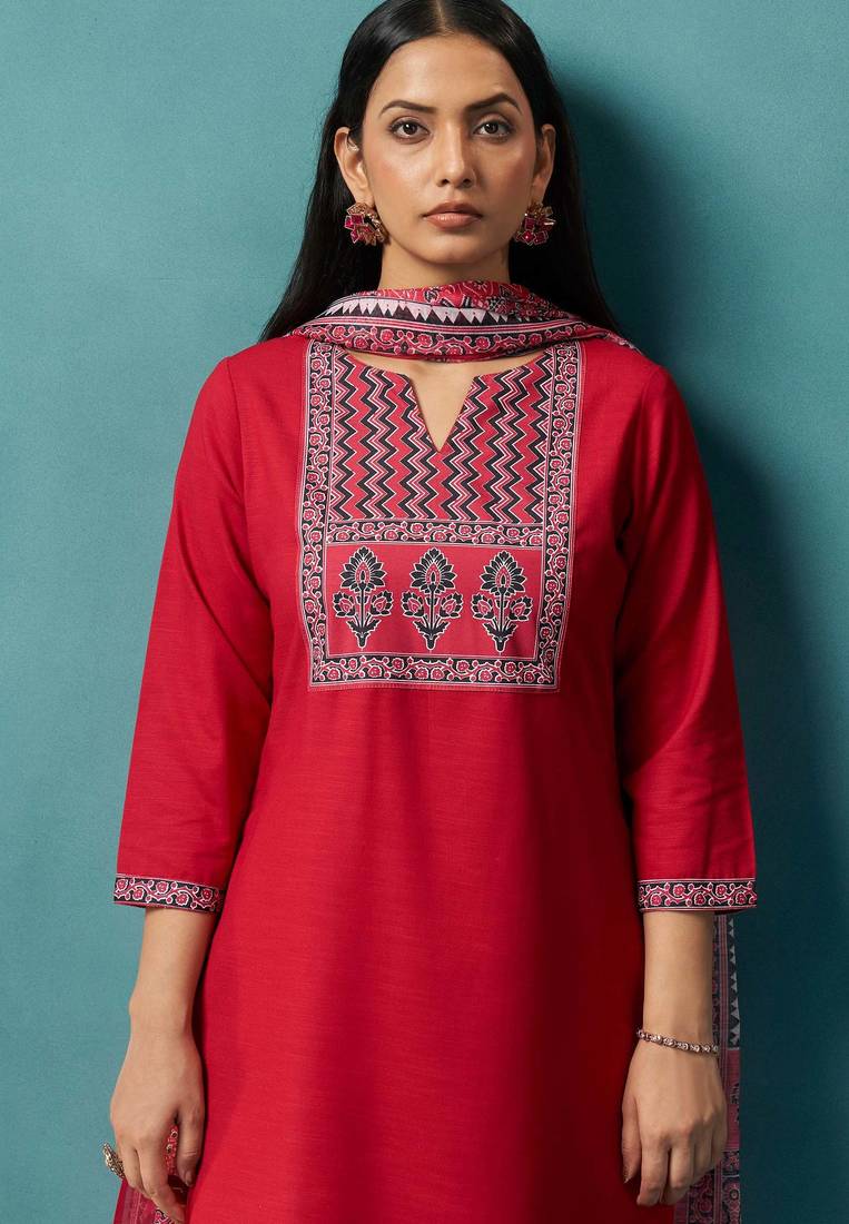 Red cotton blend geometric printed ethnic kurta set with matching dupatta