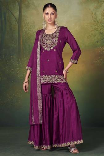 Wine silk blend embroidered sequins work ethnic kurta set with matching dupatta