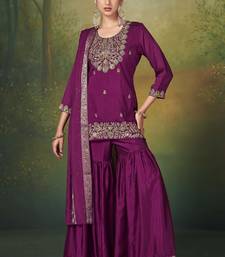 Wine silk blend embroidered sequins work ethnic kurta set with matching dupatta