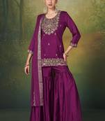 Wine silk blend embroidered sequins work ethnic kurta set with matching dupatta