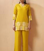 Mustard embroidered cotton blend co-ord set