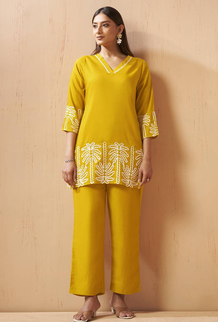 Mustard embroidered cotton blend co-ord set