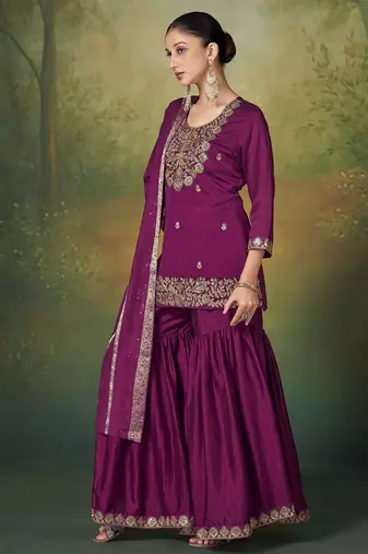 Wine silk blend embroidered sequins work ethnic kurta set with matching dupatta