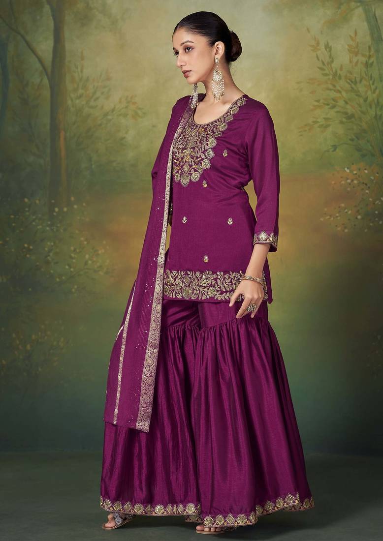 Wine silk blend embroidered sequins work ethnic kurta set with matching dupatta