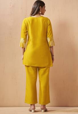Mustard embroidered cotton blend co-ord set 2