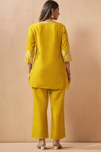 Mustard embroidered cotton blend co-ord set