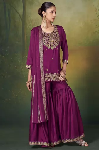 Wine silk blend embroidered sequins work ethnic kurta set with matching dupatta