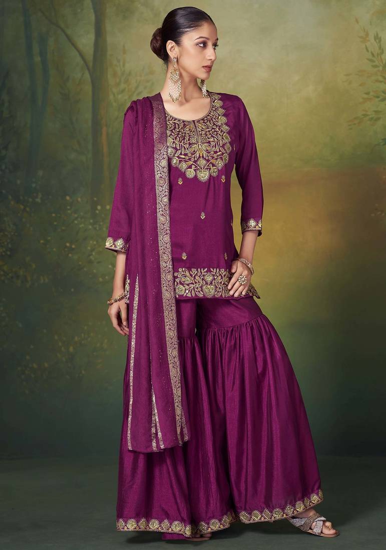 Wine silk blend embroidered sequins work ethnic kurta set with matching dupatta