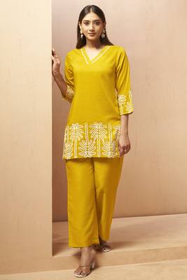 Mustard embroidered cotton blend co-ord set 3