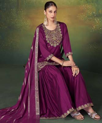 Wine silk blend embroidered sequins work ethnic kurta set with matching dupatta 4