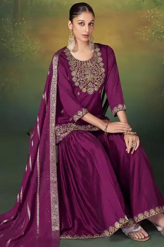 Wine silk blend embroidered sequins work ethnic kurta set with matching dupatta