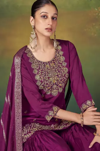 Wine silk blend embroidered sequins work ethnic kurta set with matching dupatta