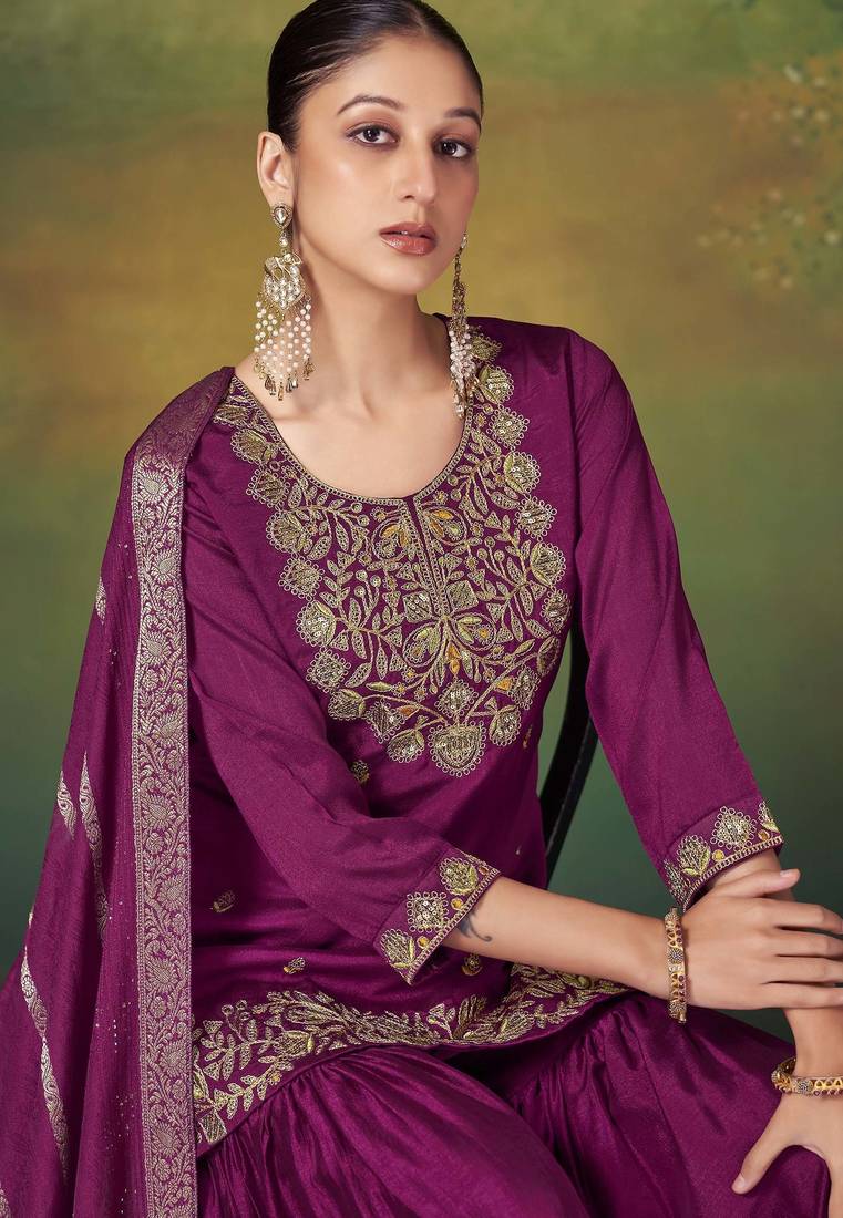 Wine silk blend embroidered sequins work ethnic kurta set with matching dupatta