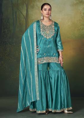 Teal silk blend embroidered sequins work ethnic kurta set with matching dupatta 1
