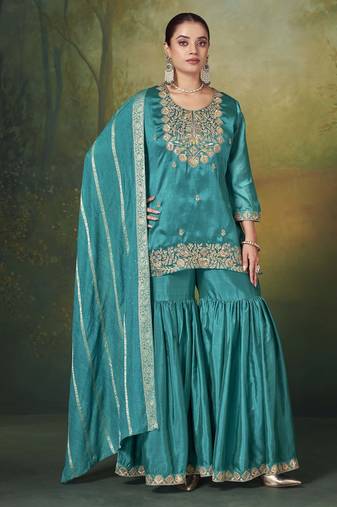 Teal silk blend embroidered sequins work ethnic kurta set with matching dupatta