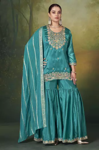Teal silk blend embroidered sequins work ethnic kurta set with matching dupatta
