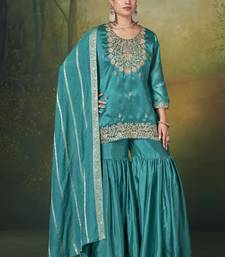 Teal silk blend embroidered sequins work ethnic kurta set with matching dupatta