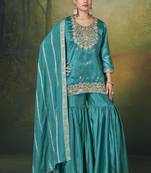 Teal silk blend embroidered sequins work ethnic kurta set with matching dupatta