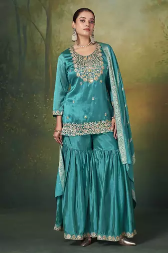 Teal silk blend embroidered sequins work ethnic kurta set with matching dupatta