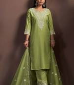 Green cotton blend embroidered thread work ethnic kurta set with matching dupatta