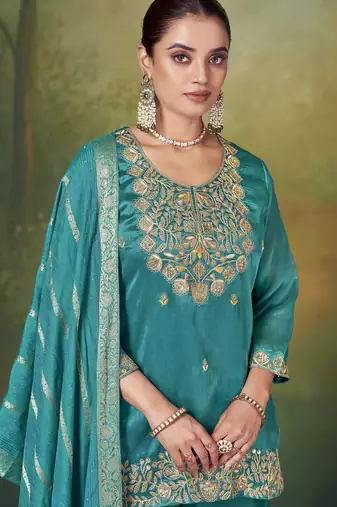Teal silk blend embroidered sequins work ethnic kurta set with matching dupatta