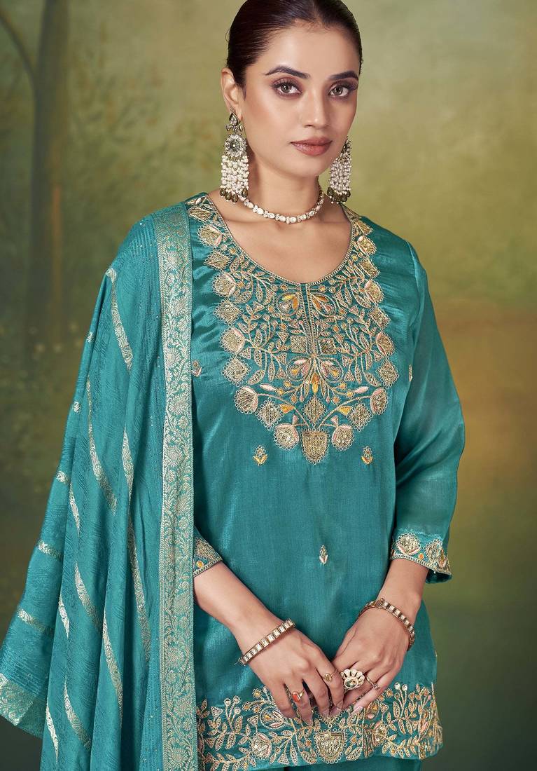 Teal silk blend embroidered sequins work ethnic kurta set with matching dupatta