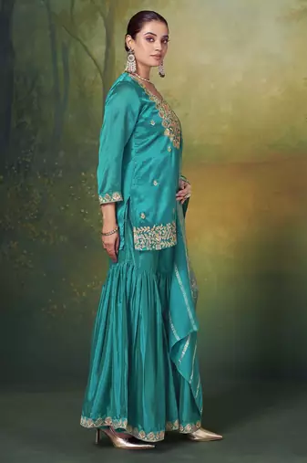 Teal silk blend embroidered sequins work ethnic kurta set with matching dupatta