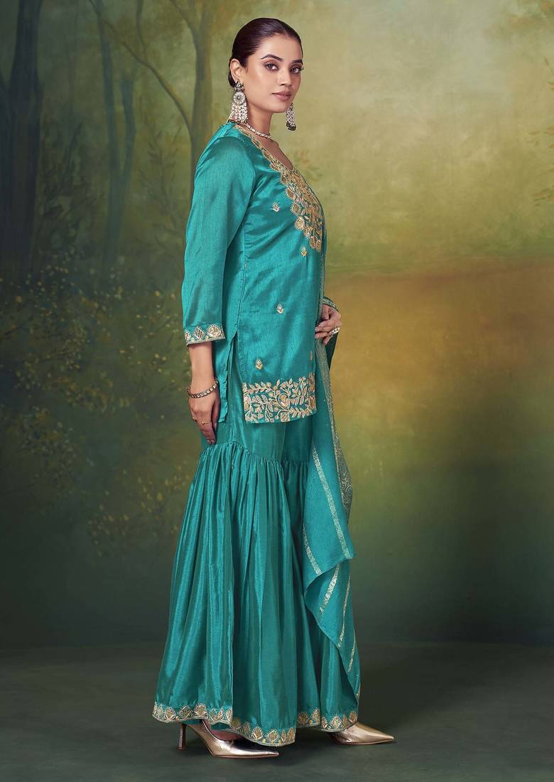Teal silk blend embroidered sequins work ethnic kurta set with matching dupatta