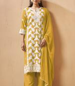 Green cotton blend embroidered thread work ethnic kurta set with matching dupatta