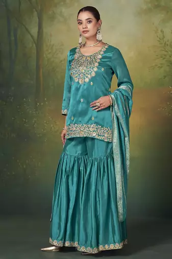 Teal silk blend embroidered sequins work ethnic kurta set with matching dupatta