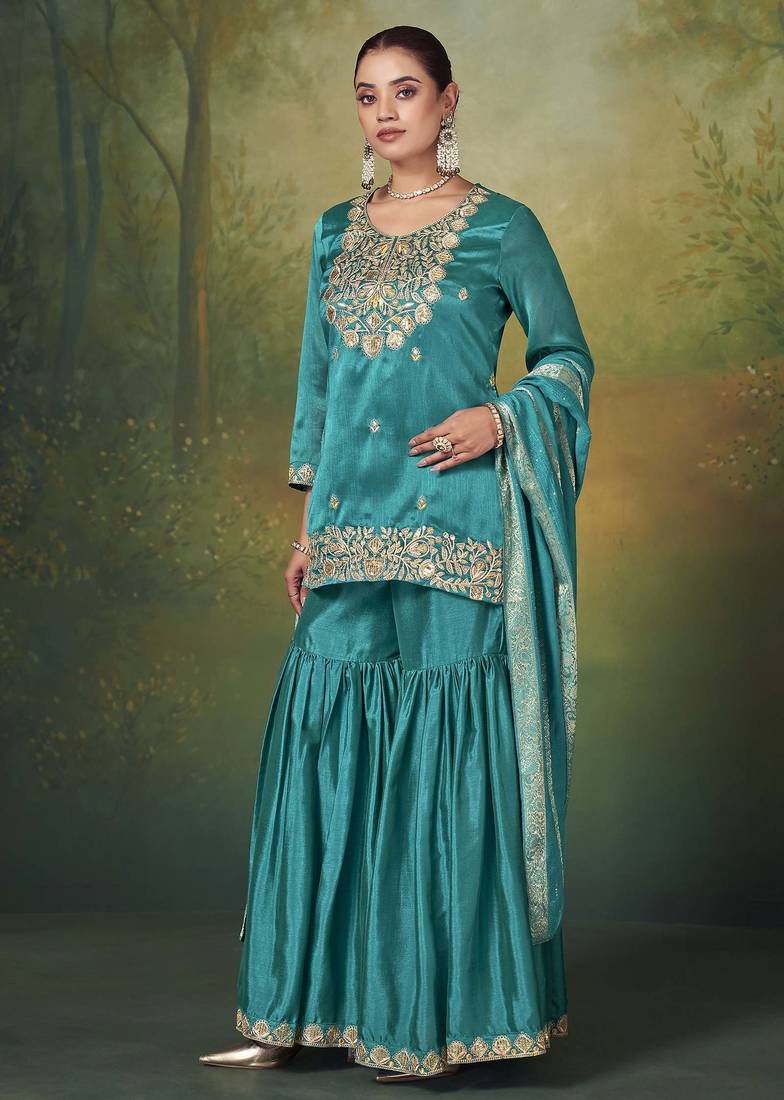Teal silk blend embroidered sequins work ethnic kurta set with matching dupatta