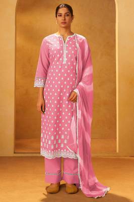 Pink pure cotton embroidered thread work ethnic kurta set with matching dupatta 1