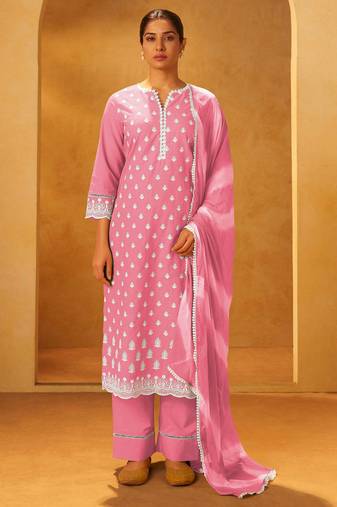 Pink pure cotton embroidered thread work ethnic kurta set with matching dupatta