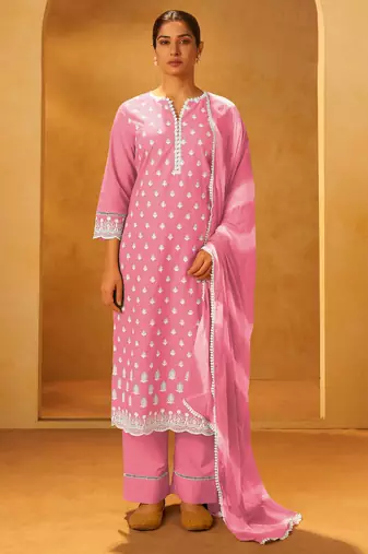 Pink pure cotton embroidered thread work ethnic kurta set with matching dupatta