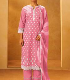 Pink pure cotton embroidered thread work ethnic kurta set with matching dupatta