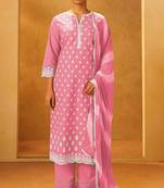 Pink pure cotton embroidered thread work ethnic kurta set with matching dupatta