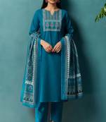 Blue cotton blend geometric printed ethnic kurta set with matching dupatta